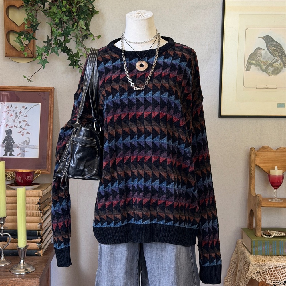 Vintage Geometric Triangle Knit Sweater L Blue Burgundy 90s Indie Grunge